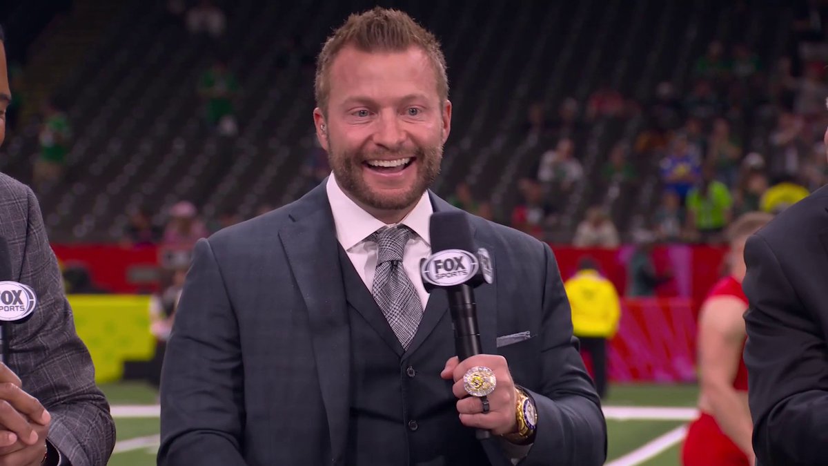 "I love being here with you guys. Much rather be coaching, but this is a subtle flex on ya." 😂💍 Los Angeles Rams HC Sean McVay joins the set and shows off his Super Bowl ring