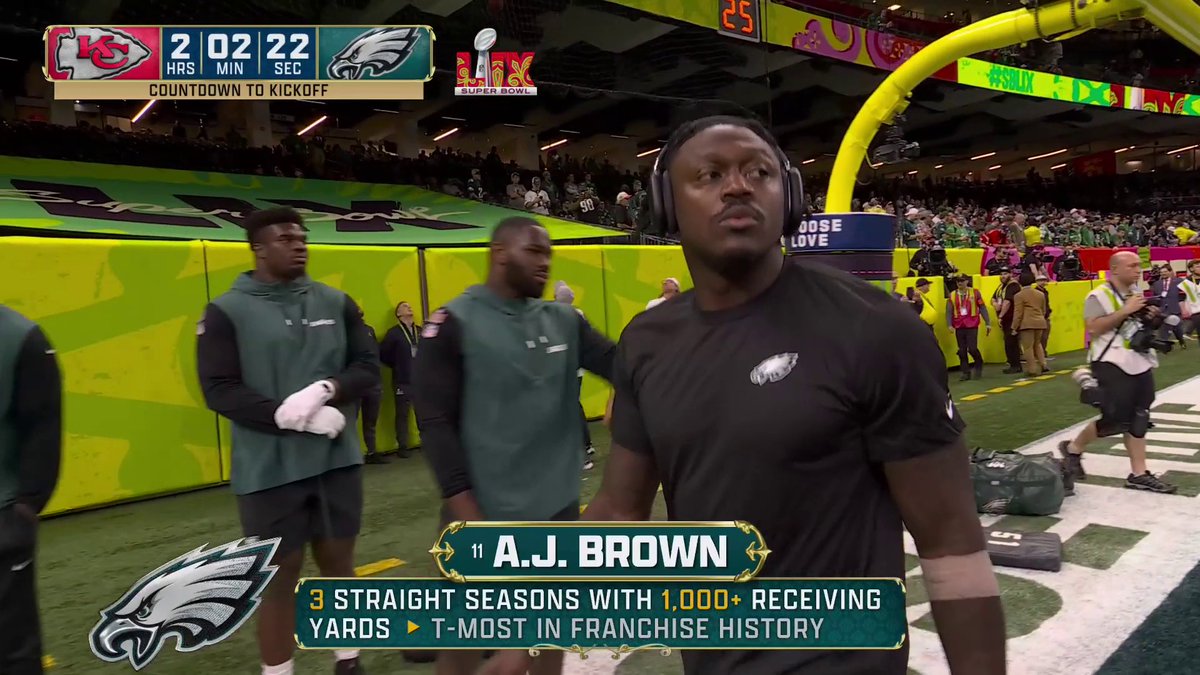 AJ Brown has taken the field ahead of #SuperBowlLIX What will AJ Brown's statline be tonight?