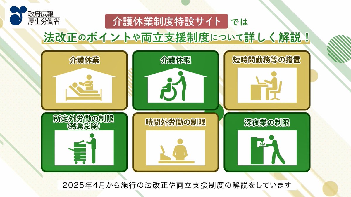 / 4月からスタート! 改正育児・介護休業法 \ 【介護編】 働く人が介護休業等の「仕事と介護の両立支援制度」を利用しやすくなるよう、事業主に雇用環境の整備等が義務付けられます。 介護はまだ先と思っているかたも、いざという時に備えて制度をチェックしてみましょう👉