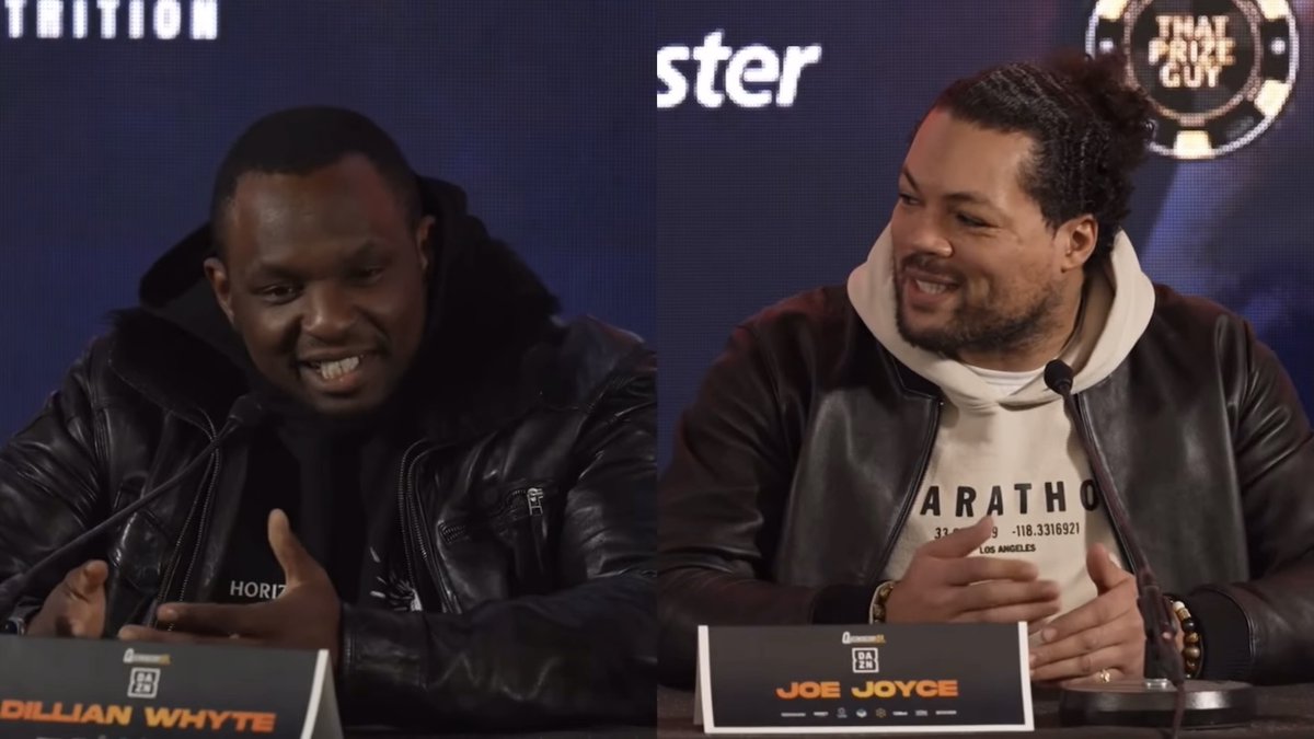 Dillian Whyte and Joe Joyce awkwardly exchange words after Whyte labels Joyce as “boring as f***.” [🎥 Queensberry Promotions]
