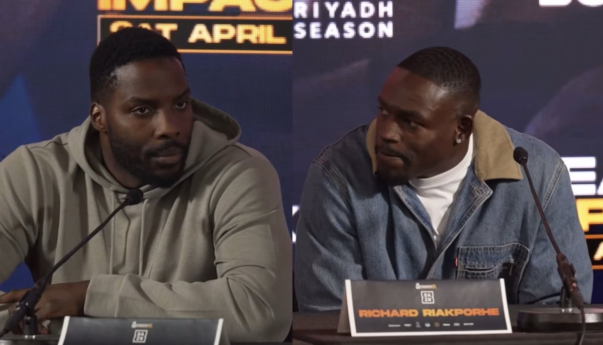 Lawrence Okolie and Richard Riakporhe getting a bit personal at the press conference ahead of their fight on April 5th. [📽️ Queensberry Promotions]
