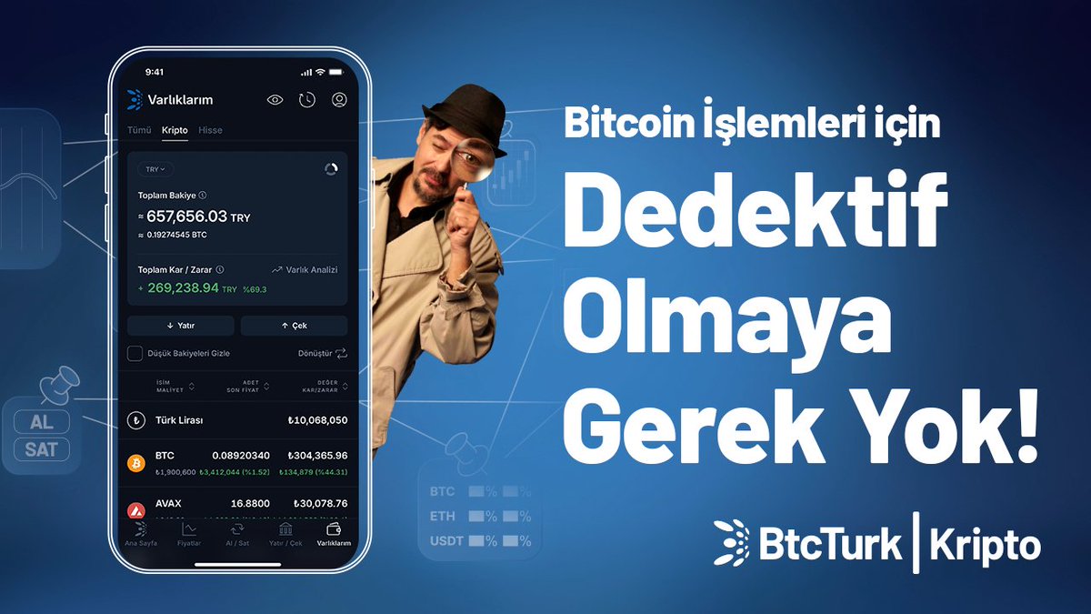 Bitcoin işlemleri için dedektif olmaya gerek yok! 🔍🕵️ BtcTurk I Kripto’da; varlıkların kâr-zarar takibini yapmak, pozisyonları kolayca takip edip ihtiyaç duyulduğunda hızlıca kapatarak kârı almak var. 🤩 Burada hep dahası var! ⭐