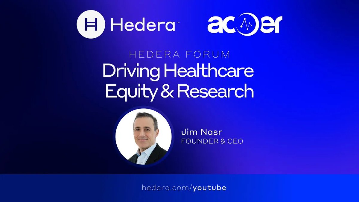 📺 acoer Founder & CEO Jim Nasr explores Acoer's mission to utilize Hedera & AI to improve public health through trusted data provenance, analytics, & privacy—delving deeper into some of the specific use cases already in production on the Hedera network.