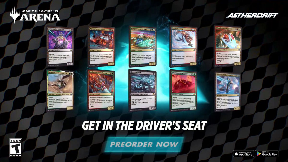 Buckle your seatbelts, #MTGAetherdrift releases on MTG Arena tomorrow! Get all of the set details (and more) in this week's announcements. Read here: