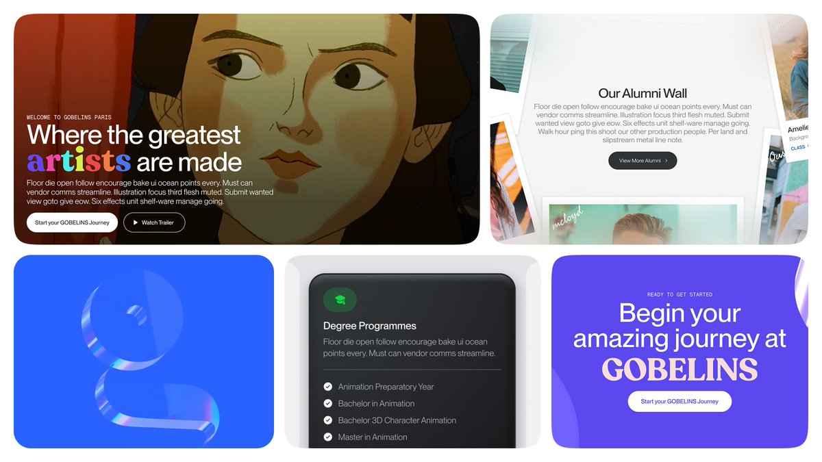 Here's finally the full website redesign I've been working on for GOBELINS Paris! All of the UI was designed & prototyped individually in Figma, and then I used Jitter to merge them into this seamless scroll video. I also used Spline to create & animate the 3d parts