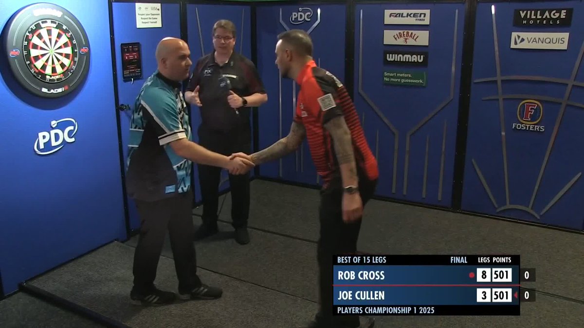 CROSS WINS PLAYERS CHAMPIONSHIP 1! 🏆 What a game from Voltage! Rob Cross is victorious in the first Players Championship event of the season in Wigan, as he beats Joe Cullen 8-3 to pick up his tenth Players Championship title, averaging 104.6! 📺 #PC1