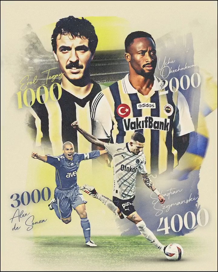 İz bırakanlar unutulmaz 💛💙 Süper Lig’de 4000. gole ulaşan ilk takım ünvanını kazandıran, Çubuklumuzu terleten tüm oyuncularımıza sonsuz teşekkürlerimizle… 1000. golümüz Erol Togay, 2000. golümüz Uche Okechukwu, 3000. golümüz Alex de Souza, 4000. golümüz Sebastian Szymanski