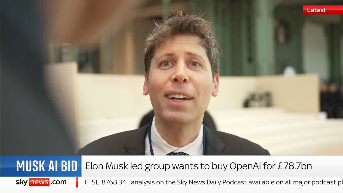 "The company is not for sale... we're happy to buy Twitter" Chief Executive of OpenAI, Sam Altman speaks to Sky's Tom Clarke after a group led by Elon Musk made a £78.7bn bid to buy the company Latest ➡️ 📺 Sky 501, Virgin 602, Freeview 233 and YouTube