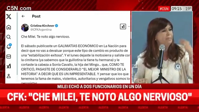 ⭕ La dura respuesta de Cristina Kirchner luego de que Javier Milei echara a dos funcionarios en un día 🗣️ CFK: "Che Milei, te noto algo nervioso" 🗣️ "Te dije que era un burro de la ANSES" 📲 Sumate a #MañanasArgentinas por C5N y en