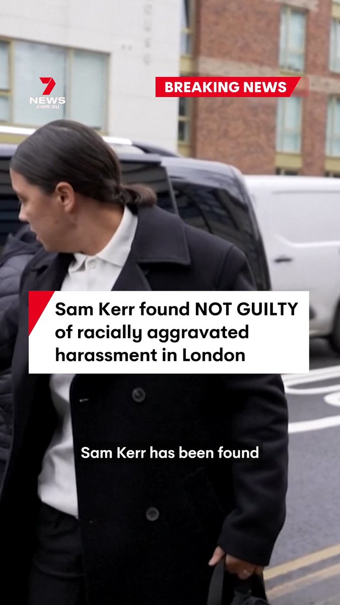 In breaking news Sam Kerr has been found NOT GUILTY of racially aggravated harassment by a London Jury following an incident in January 2023. Bodycam vision was shown to the court of Kerr calling a police officer "stupid and white". #samkerr #breakingnews #london #jury #matildas #7NEWS