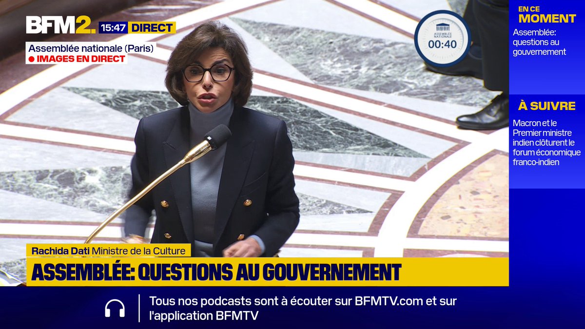 💬 "Il faudrait aussi que l'humoriste arrête de dire qu'il a été viré par une Arabe" La ministre de la Culture, Rachida Dati, a vivement répondu aux députés insoumis sur la polémique visant l'humoriste Merwane Benlazar après une chronique sur France 5