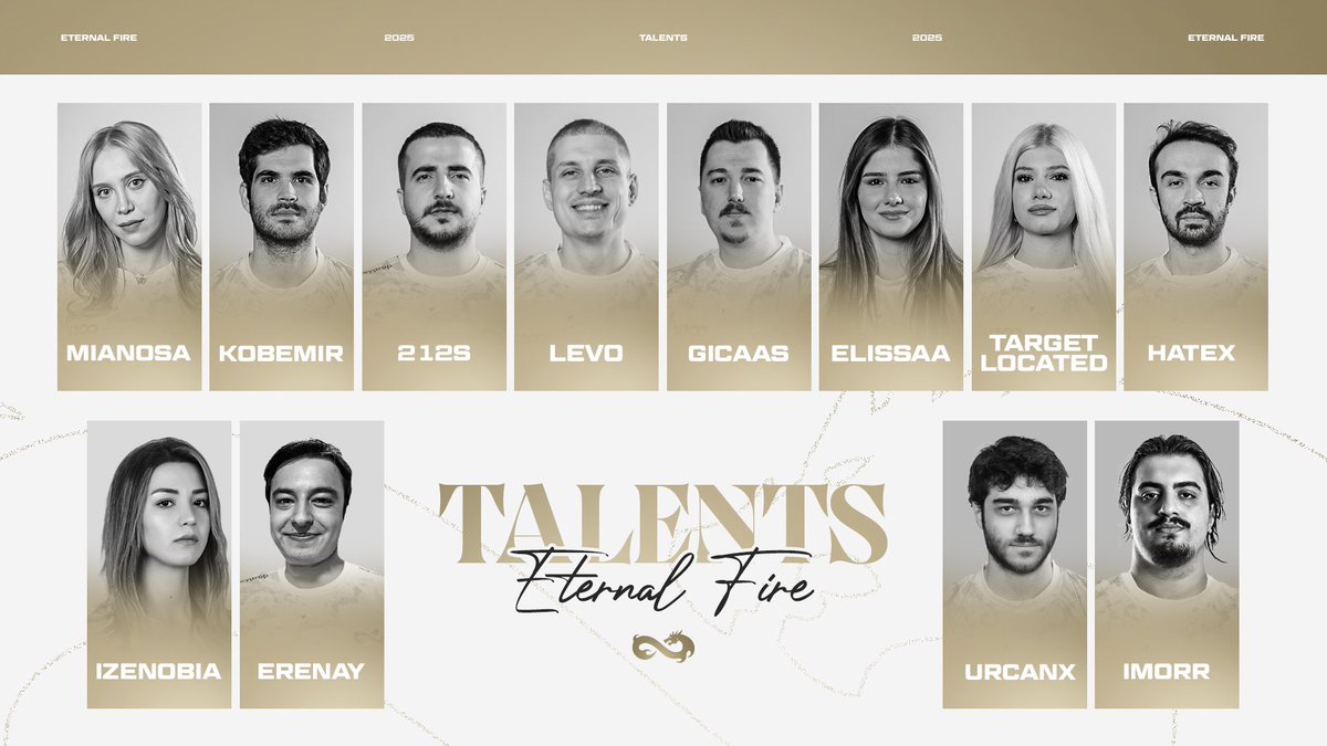 Eternal Fire Talent ekibi karşınızda! 🐉 Levent Balım 🐉 belali 🐉 hatex 🐉 Kaan Küçükyılmaz 🐉 erenaytuncel 🐉 Target 🐉 vedatkrcy 🐉 Zenobia 🐉 Emir Tolga 🐉 Ceren Mermer 🐉 Urcan 🐉 Mianosa #forEF #toNewGlories | #yüzdeyüzgaming