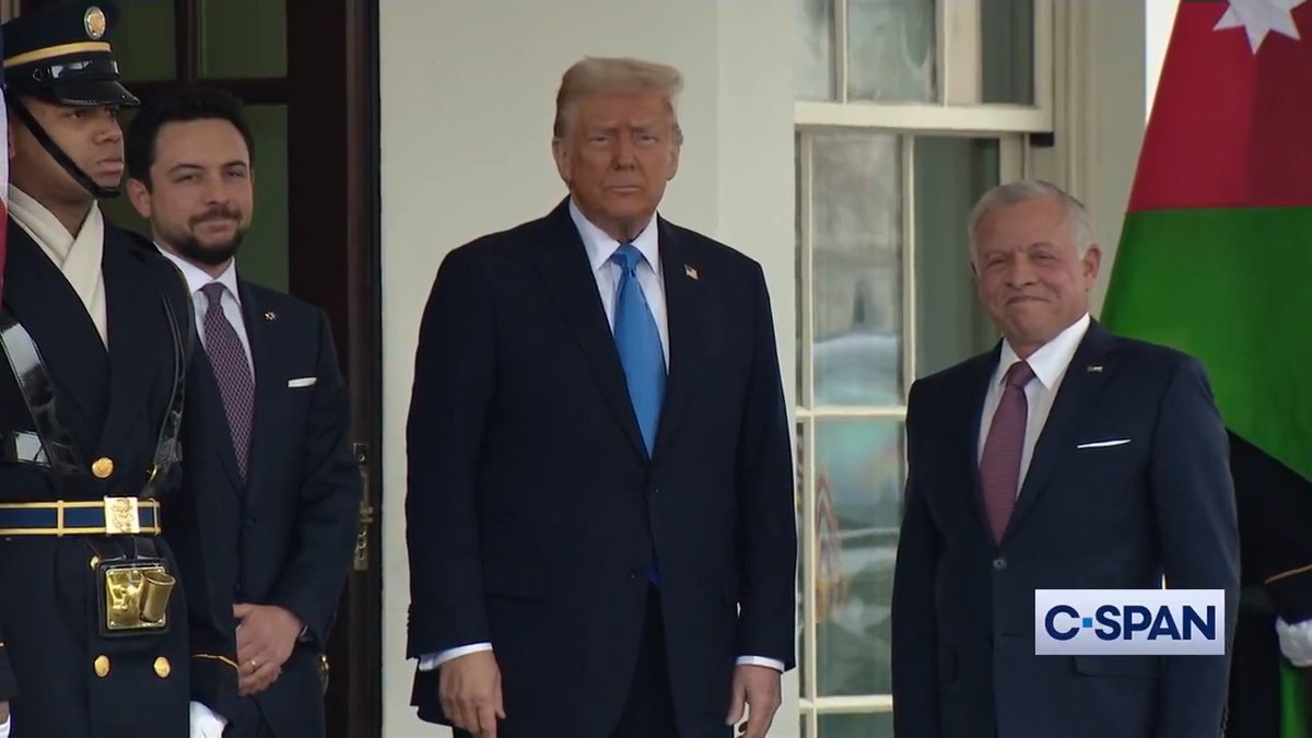 President Trump welcomes Jordan's King Abdullah II and Crown Prince Hussein to the White House. Q: "Is Saturday is still your deadline for Hamas?" President Trump: "Yes."