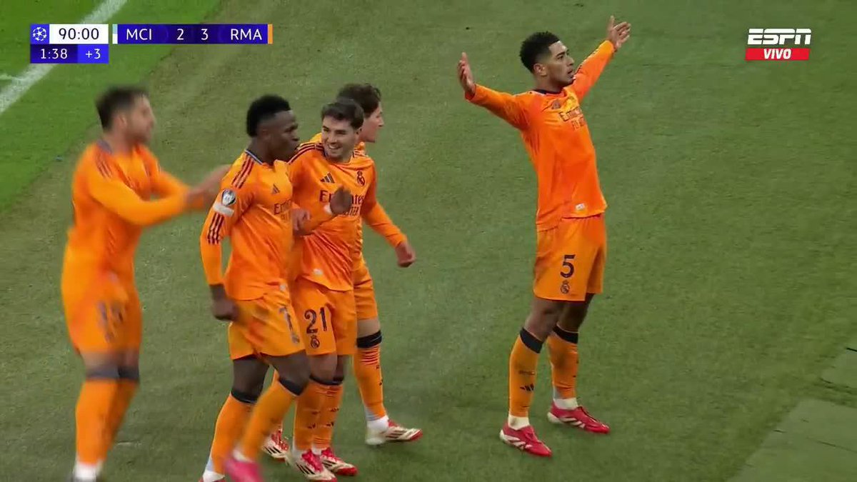 ¡REMONTADA MERENGUE EN MANCHESTER! Bellingham en el tiempo de reposición pone el 3-2 en favor del Real Madrid en casa del City. #CHAMPIONSxESPN