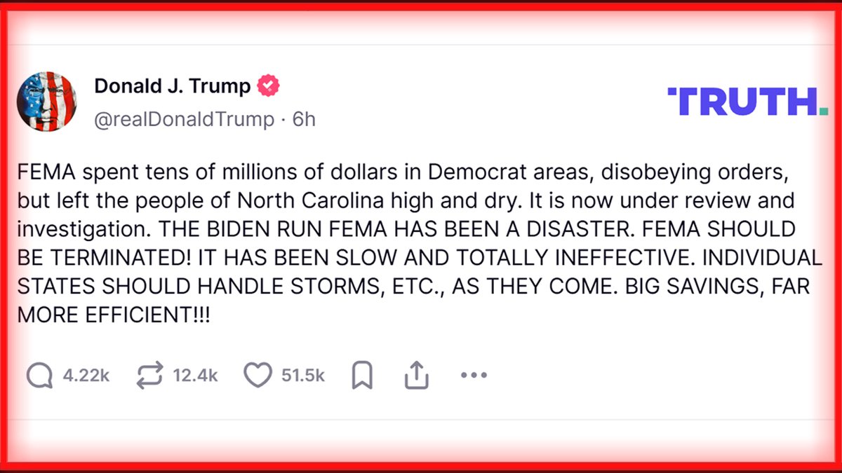 Trump Calls For FEMA to Be โTERMINATEDโ After Top Official Caught Sending $59 Million To House Illegal Aliens In Luxury Hotels "THE BIDEN RUN FEMA HAS BEEN A DISASTER. FEMA SHOULD BE TERMINATED!" ยป WATCH/SHARE THE LIVE X STREAM HERE: