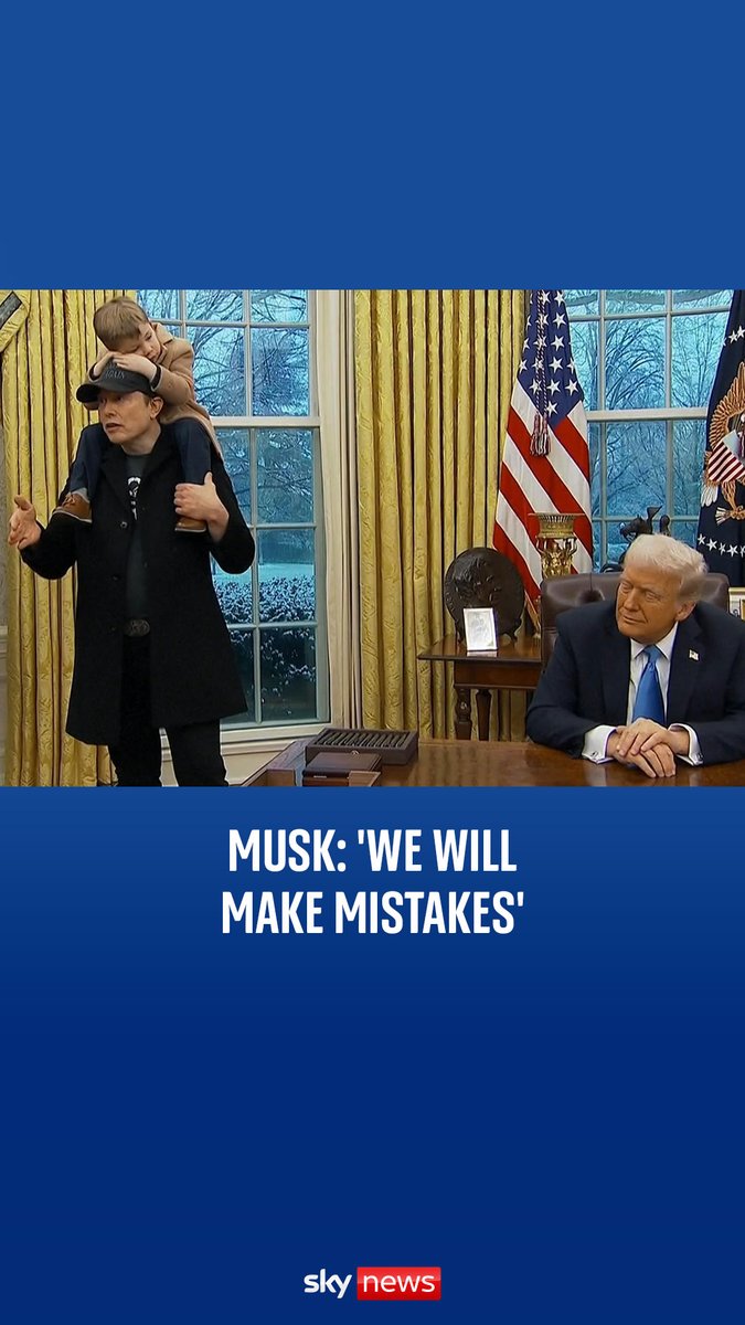 'We will make mistakes'. Elon Musk and his son X joined Donald Trump in the Oval Office before the president signed executive orders. Read more: