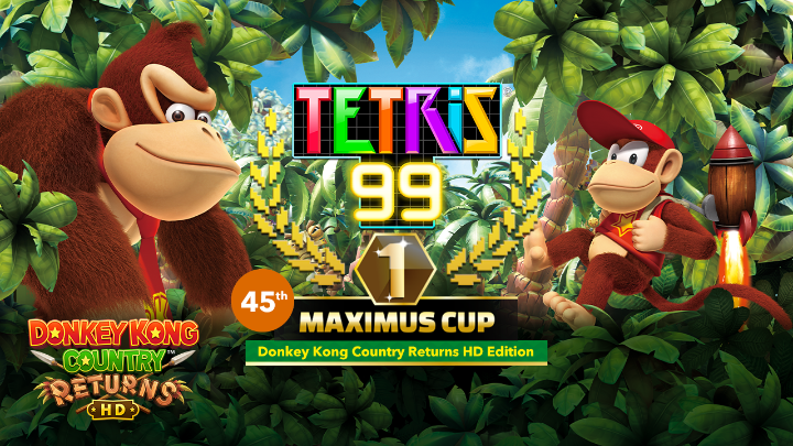 The #Tetris99 45th MAXIMUS CUP event will run from 2/13 at 11:00pm PT to 2/17 at 10:59pm PT! Once you’ve accumulated a total of 100 event points, a new theme will unlock, featuring art, music, and Tetrimino designs inspired by #DonkeyKong Country Returns HD! Tetris