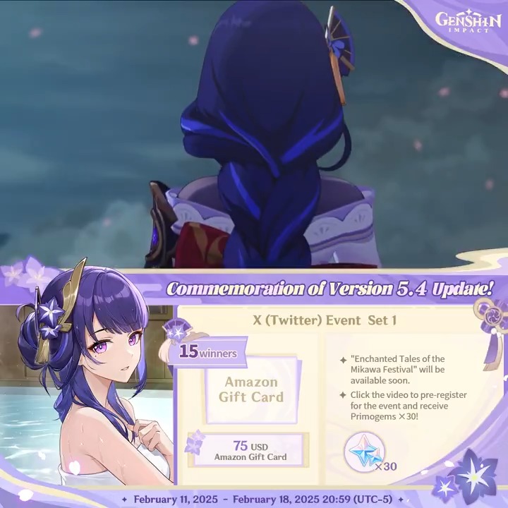 ✨Set 1✨ Commemoration of Version 5.4 Update 🎁Participate in the event for a chance to win a $75 Amazon gift card. How to Participate: ① Follow Genshin Impact ② Retweet this post You can instantly check the event results here>>> #GenshinImpact
