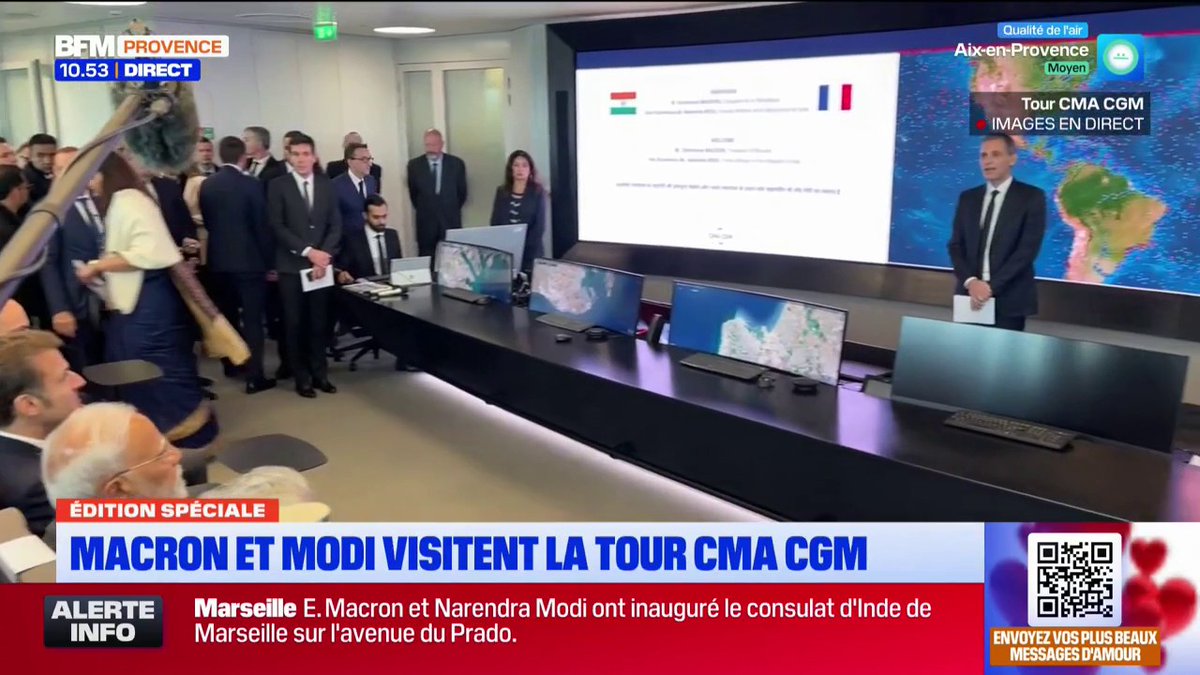 Emmanuel Macron et Narendra Modi, le Premier ministre indien, sont arrivรฉs ร la tour CMA CGM (propriรฉtaire de BFM Marseille Provence) avant la prise de parole de Rodolphe Saadรฉ
