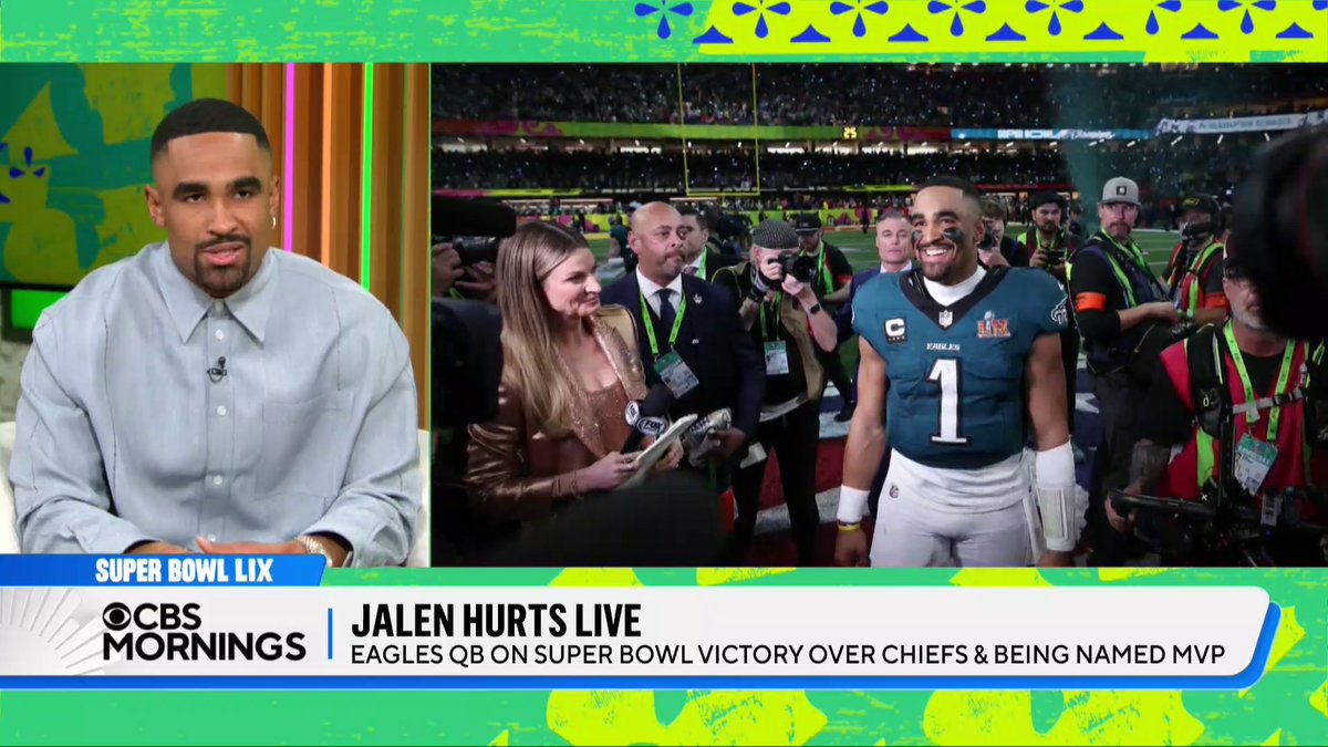 “It’s a huge blessing”: Philadelphia Eagles QB and #SuperBowl MVP Jalen Hurts tells CBS Mornings about the team’s victory and how he's celebrating. "Just to see my reflection on [the Vince Lombardi Trophy], it was a humbling feeling.”