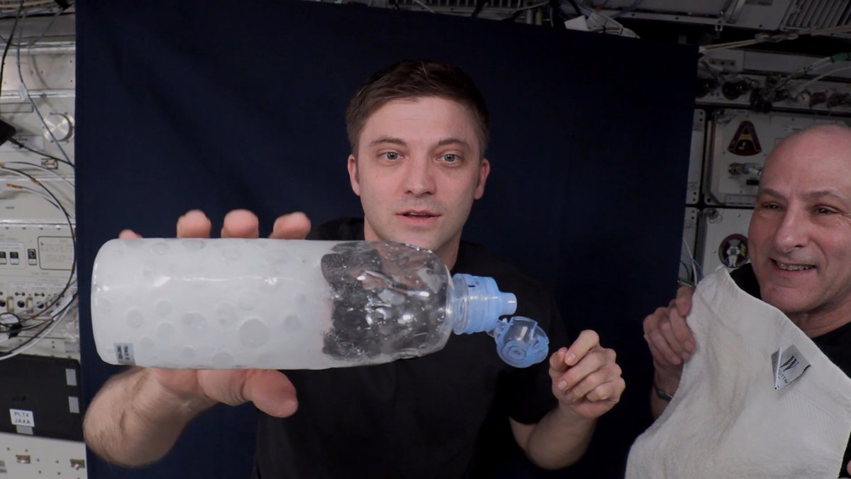 Don (Don Pettit) and I decided to demo how spaceships could transfer rocket fuel (AKA propellant) in space using water bottles, water, and Alka-Seltzer . . . what could go wrong?