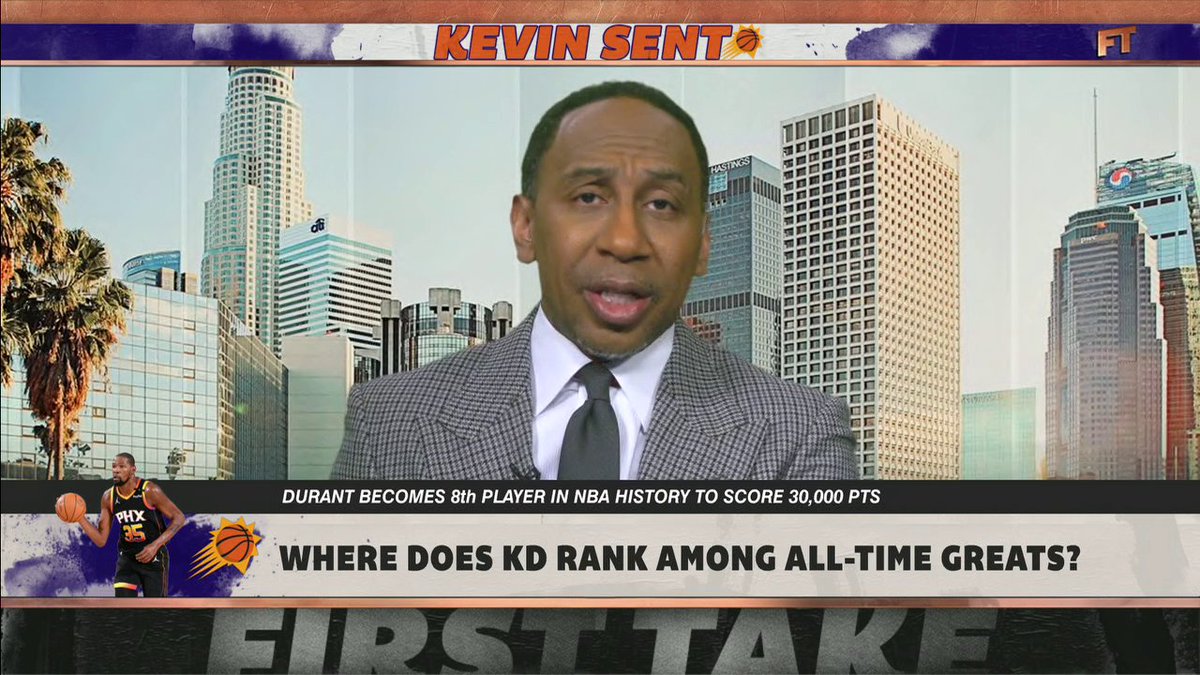 "[Kevin Durant is] a top-ten player of all time. This is a top-three scorer in the history of basketball." 🙌 Stephen A Smith on KD's legacy and his place among the NBA's all-time greats 👀