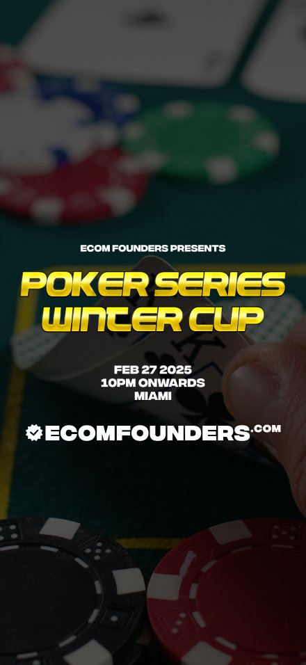 After a (very) successful poker tournament last year, we've decided to bring back the Ecom Founders Poker Tournament (Winter Cup) in Miami ♠️ Event details: 📍 Miami, FL on Feb 27th 👥 Founders/brand execs 📲 Sign up → link in reply! Spots are limited (86% full), see u there!