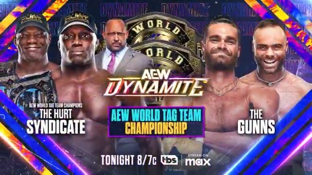 TONIGHT #AEWDynamite 8pm ET/7pm CT on TBS Network & @SportsOnMax! AEW World Tag Team Title Hurt Syndicate w/MVP vs The Gunns Austin Gunn & colten gunn wasted no time in their return to Dynamite by challenging Bobby Lashley & Shelton J. Benjamin to a title match TONIGHT!