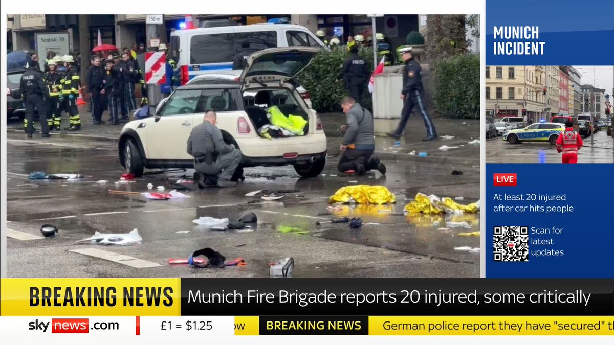 Munich fire brigade reports at least 20 people have been injured with some critically hurt after a car drove into a crowd New images of the scene have been released. Latest: 📺 Sky 501, Virgin 602, Freeview 233 and YouTube