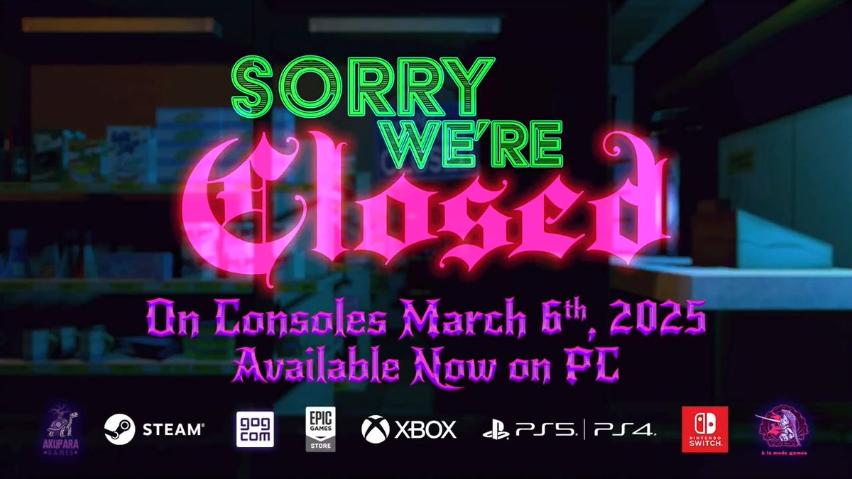 🌈 Neon survival horror title 😈Sorry We're Closed by à la mode games comes to consoles 🗓️MARCH 6! 💋 "Oozes style, charm, and charisma" -VICE 👁️ "High impact, inventive mechanics" -GamesRadar+ ❤️‍🔥 "One hell of a ride" -Eurogamer