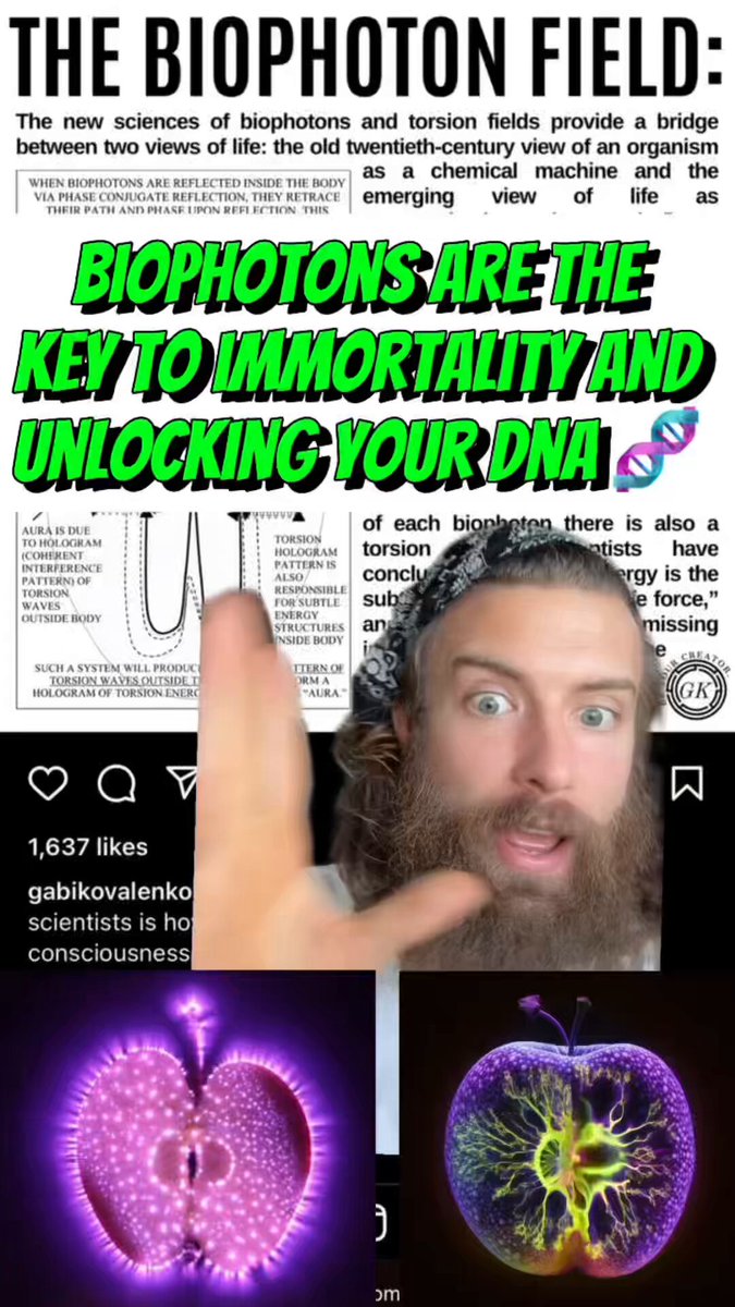 Biophotons are the key to immortality and unlocking your DNA 🧬 The coherent biophoton field forms a hologram throughout the body, telling each DNA molecule where it fits in the overall blueprint, and governing cell differentiation and specialization. With the creation of each biophoton there is also a torsion wave. Scientists have concluded that torsion energy is the subtle energy that is our "life force," and the torsion field is the missing ingredient to understanding the science of consciousness.🤯🤯🤯