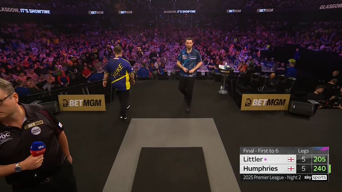 7.40pm: Luke Littler 1-5 Rob Cross 7.55pm: Luke Littler (104.59) 6-5 Cross 9.40pm: Luke Littler (104.02) 6-2 MVG 10:50pm: Luke Littler (101.03) 6-5 Luke Humphries Littler should have been the first player out but ends up winning the night in Glasgow