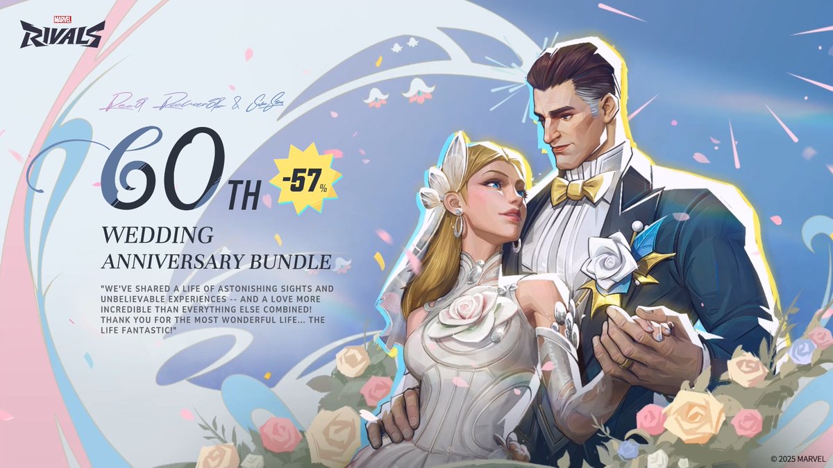 💍 60 Years of Love & Heroism! "We've shared a life of astonishing sights and unbelievable experiences - and a love more incredible than everything else combined!" 💫 Celebrate the romance of Mister Fantastic & Invisible Woman with the 60th Wedding Anniversary Bundle in Marvel Rivals! Inspired by their iconic love story, this bundle marks six decades of adventure, partnership, and the ultimate bond of heroism. ✨ Available: February 13 at 18:00 PST Step into the Life Fantastic and honor an unbreakable love story! 🌹 #MarvelRivals