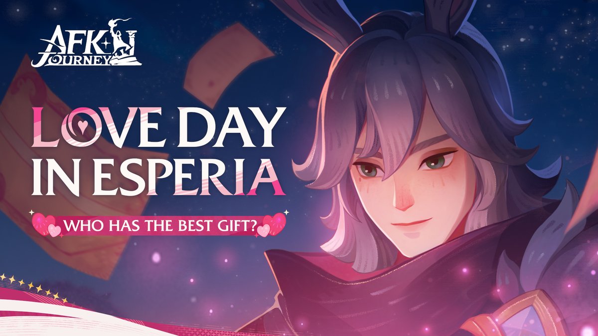 📌Redemption Code: OTA6KTO9WO 🎁Diamonds x500, Origami Hamster x10, Gold Coins x50,000 ⏳2025/2/12 16:00 - 2025/2/20 16:00 UTC In Esperia, everyone expresses love in his or her own way. Some offer precious gems, others craft one-of-a-kind handmade gifts, and some prepare mysterious surprises full of wonder... Check out the video to experience the warmth that fills Esperia! Perhaps you'll find inspiration to create a meaningful gift for someone special. #AFKJourney #ValentinesDay #Love
