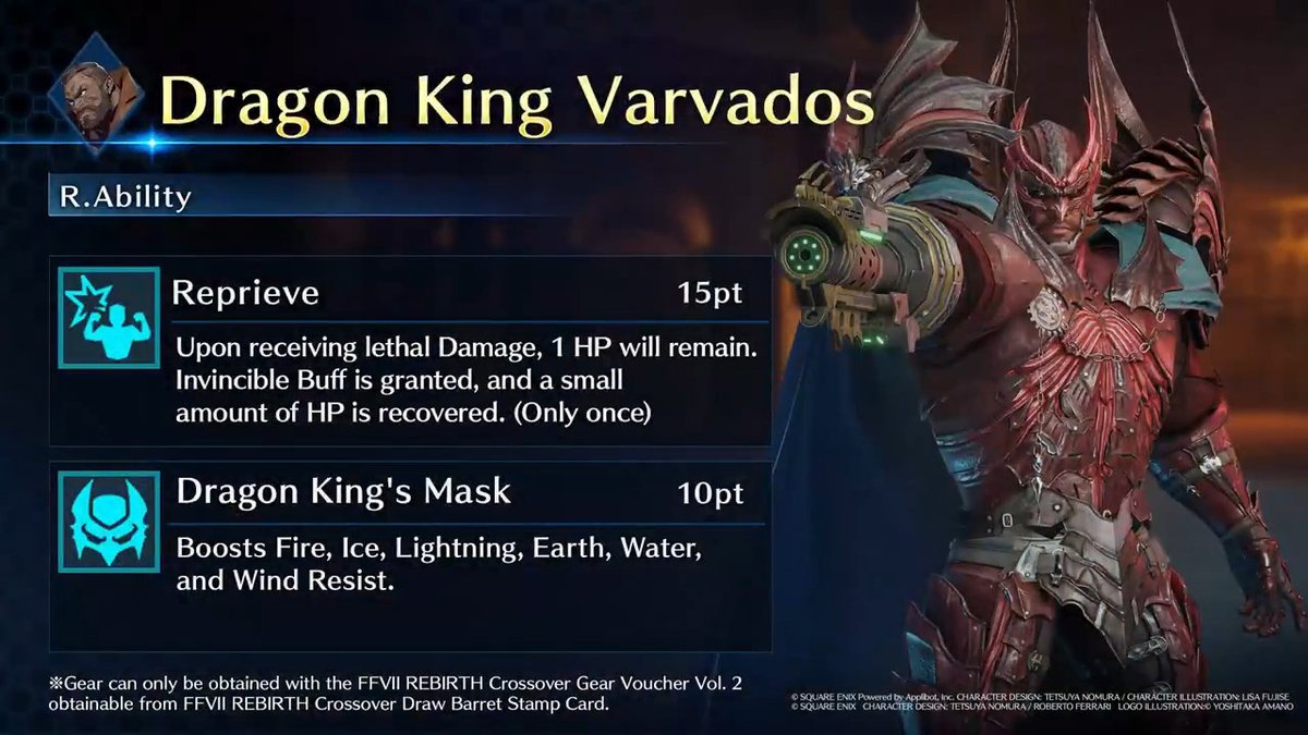 Check out Barret's Dragon King Varvados! Get this Barret-Exclusive Gear from FFVII REBIRTH Crossover Draw Barret on the Stamp Card! #FF7EC #FF7EverCrisis #FF7