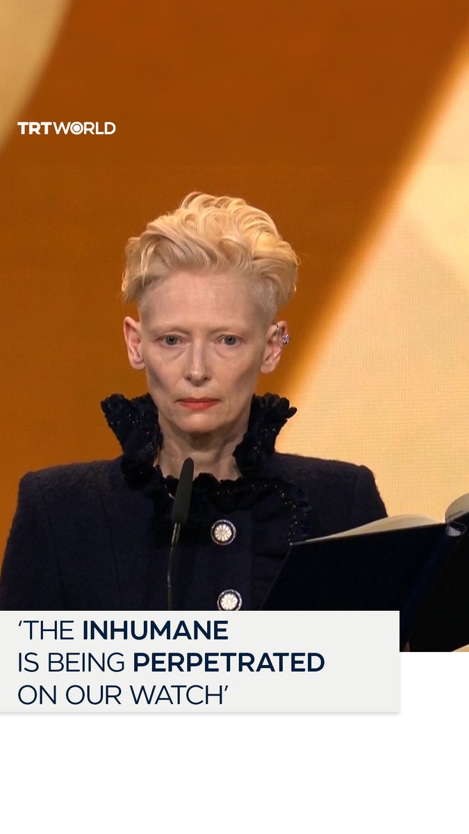 British actress Tilda Swinton blasts Trump’s plan to turn Gaza into ‘his’ Riviera during her acceptance speech at the honorary Golden Bear award