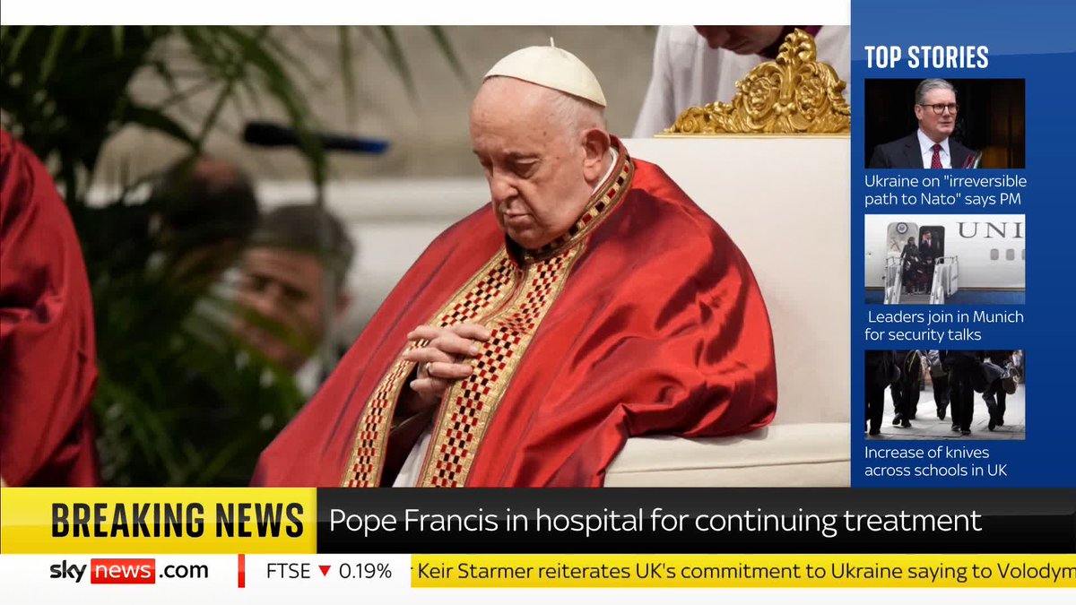 BREAKING: Pope Francis has been admitted to hospital for bronchitis treatment. Read more: 📺 Sky 501, Virgin 602 and YouTube