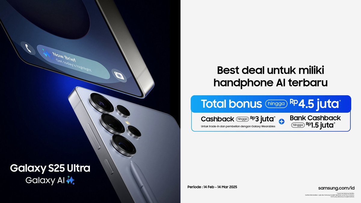Finally #GalaxyS25 Series has arrived! 🥳🎉 Dapatkan promo eksklusif terbaru cashback hingga 4.5 juta rupiah, get your true AI companion now! #AIUnderstandsYou 👉Cek tawaran menariknya di sini:
