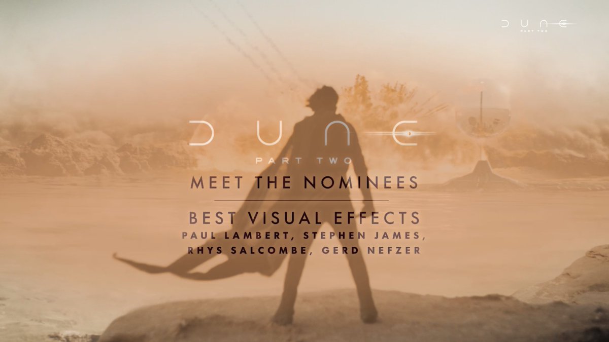 Meet the Nominees of #DuneMovie. When crafting the visual effects for the film, the Academy Award®-nominated team channeled realism as much as possible, shooting on location and building partial sets to anchor the effects to. Celebrating Paul Lambert, Stephen James, Rhys Salcombe, and Gerd Nefzer. Nominated for Best Visual Effects.