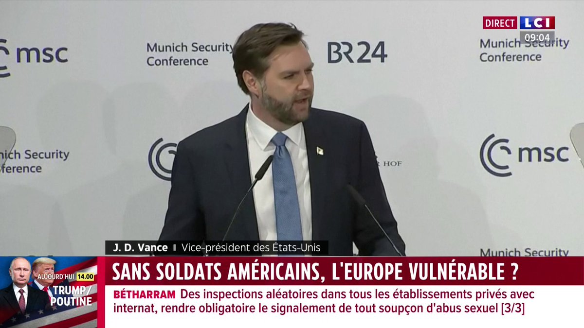 🔴 Sans soldats américains, l'Europe vulnérable ? 👉 À Munich, le vice-président des États-Unis J.D. Vance a remis en cause la présence sur le sol européen des quelque 100 000 soldats américains.