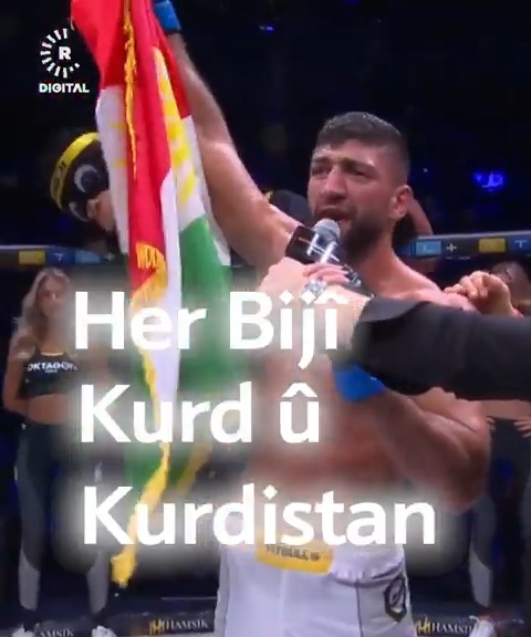 Werzişkarê #Kurd ê MMAyê Cîhad Akîpa piştî serkeftina xwe diqîre: ☀️ ❝Her Bijî Kurd û Kurdistan❞