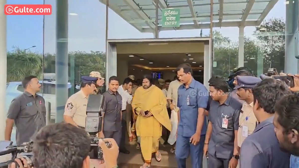#PawanKalyan along with his son #AkiraNandan reached Gannavaram Airport after finishing Sanatana Dharma Tour across South India. Pawan Kalyan will be attending the 'NTR Trust - Euphoria Musical Night by #Thaman' later tonight along with CM #ChandrababuNaidu