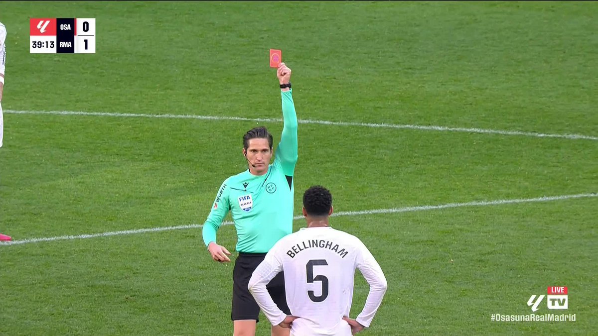 Jude Bellingham's mouth got him in big trouble against Osasuna today 🗣️ The Real Madrid midfielder was shown a straight red card and sent down the tunnel after remonstrating with the referee 🟥