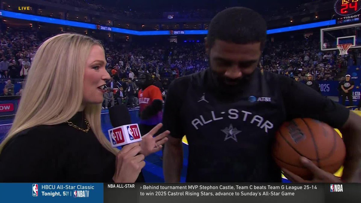 "It's right over there" 😆 Kyrie🤞🏾 &amp; Allie LaForce pointed to the spot of his NBA Finals dagger in Oracle Arena