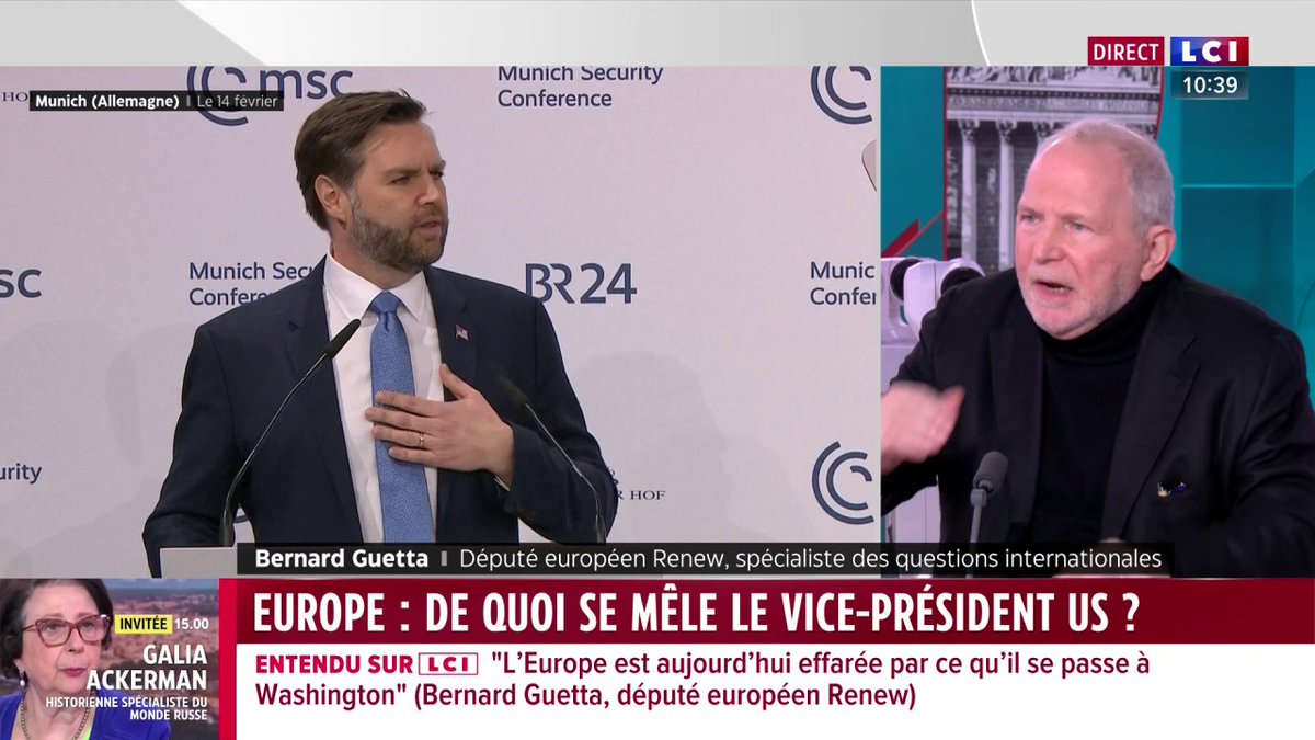 🔴 Discours de J.D. Vance à Munich 🗣️ "Il m'a ahuri de pauvreté intellectuelle, de grossièretés invraisemblables." 👉 Bernard Guetta (Bernard Guetta), député européen Renew, invité de Paola Puerari