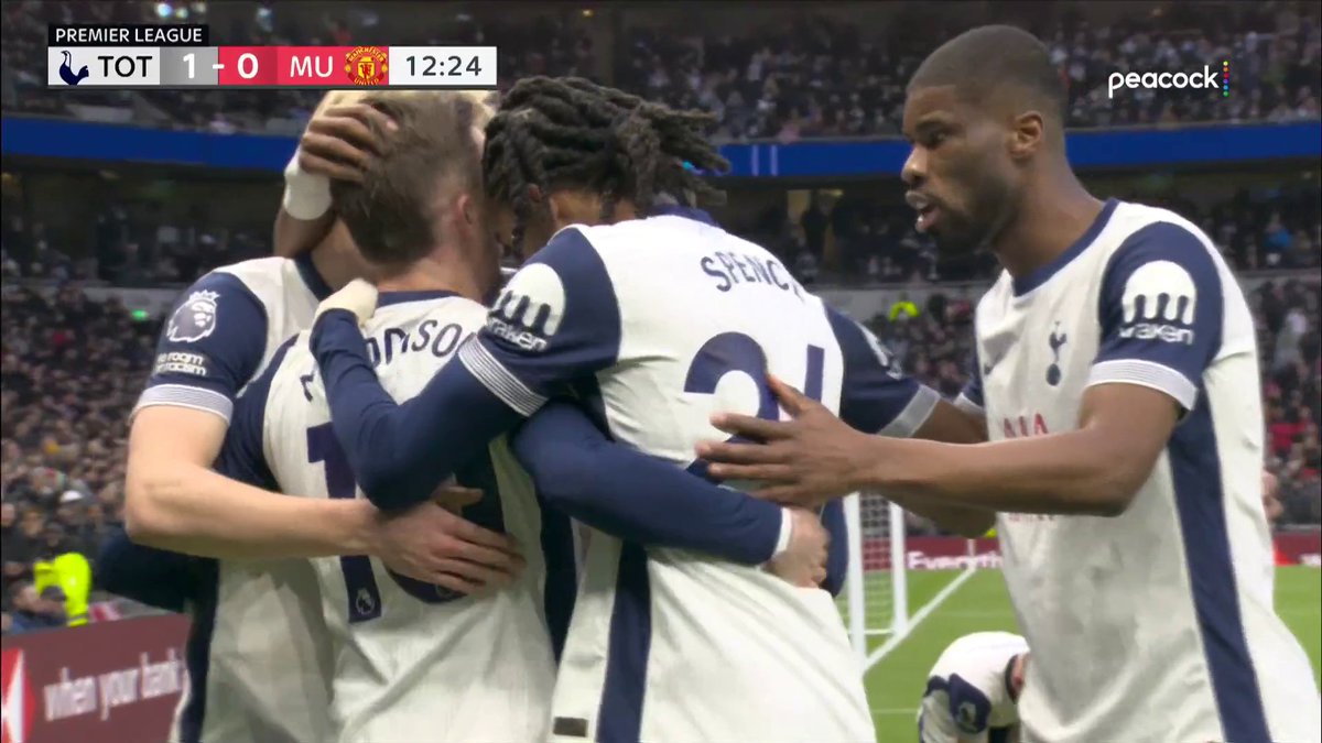 James Maddison tucks home the rebound for Spurs to open the scoring. 🎯 📺 Peacock | #TOTMUN