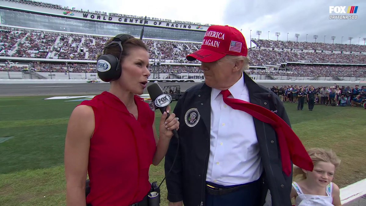 President Donald J. Trump talks with Jamie Little before the Daytona 500.