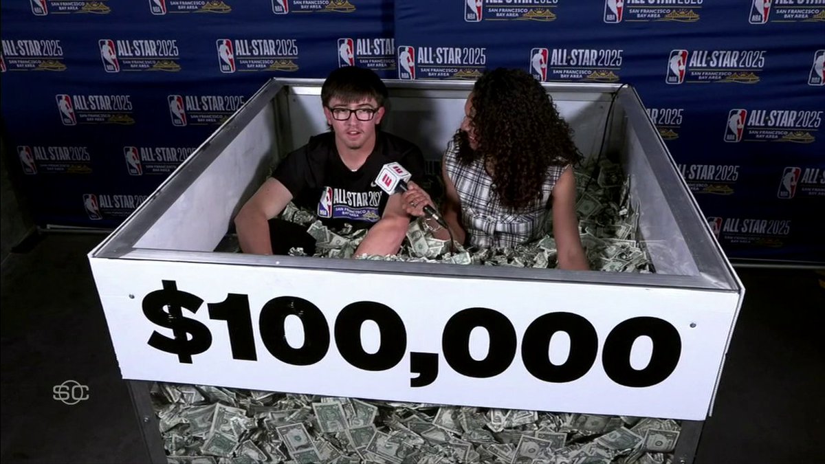 "I still don't even know how I ended up in a tub full of money doing an interview." 😅 Malika Andrews talks to Jaren, the winner of Mr. Beast's $100K challenge💰