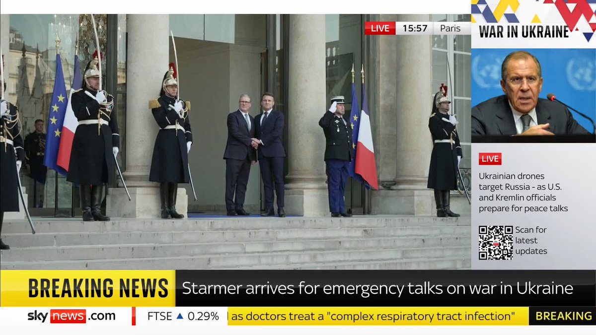Prime Minister Sir Keir Starmer is met by French President Emmanuel Macron as he arrives at the Élysées Palace. European leaders are in Paris for an emergency summit. Latest: 📺 Sky 501, Virgin 602, Freeview 233 and YouTube