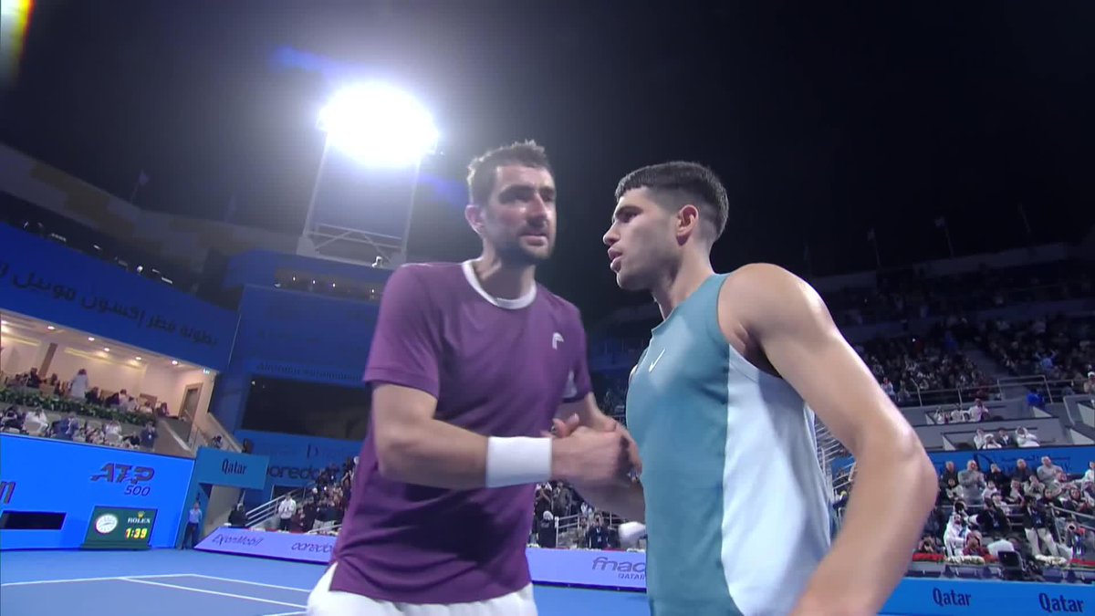 Picking up where he left off! 👏 Newly crowned Rotterdam champion Carlos Alcaraz defeats Cilic 6-4 6-4 on his Doha debut #QatarExxonMobilOpen